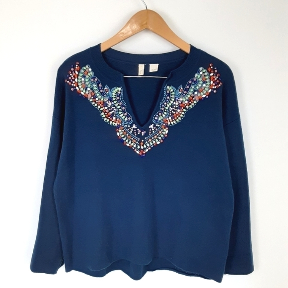 Anthropologie Moth Embellished Sweater Top Size Medium in Navy/ Multi $140